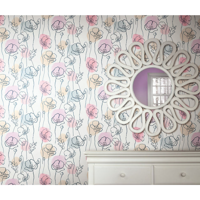 Modern Poppy Pink Peel & Stick Wallpaper with Botanical Floral Line Art - York RMK11756RL