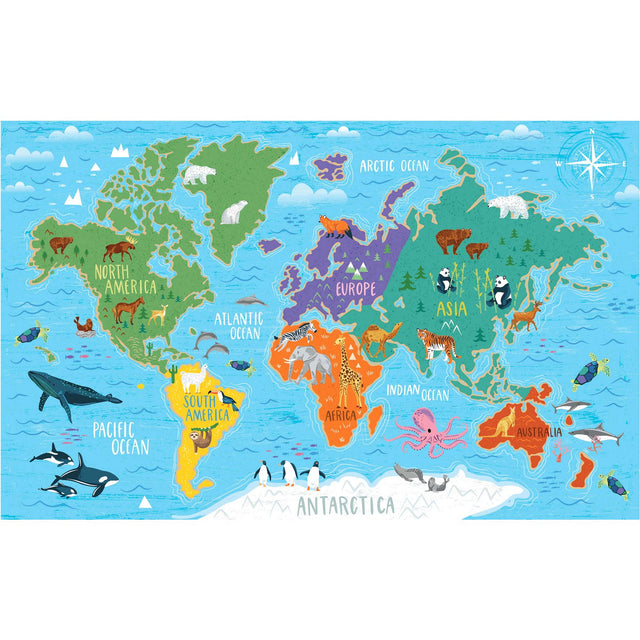 World Map Blue Peel & Stick Wall Mural with Illustrated Animals - York RMK11772M