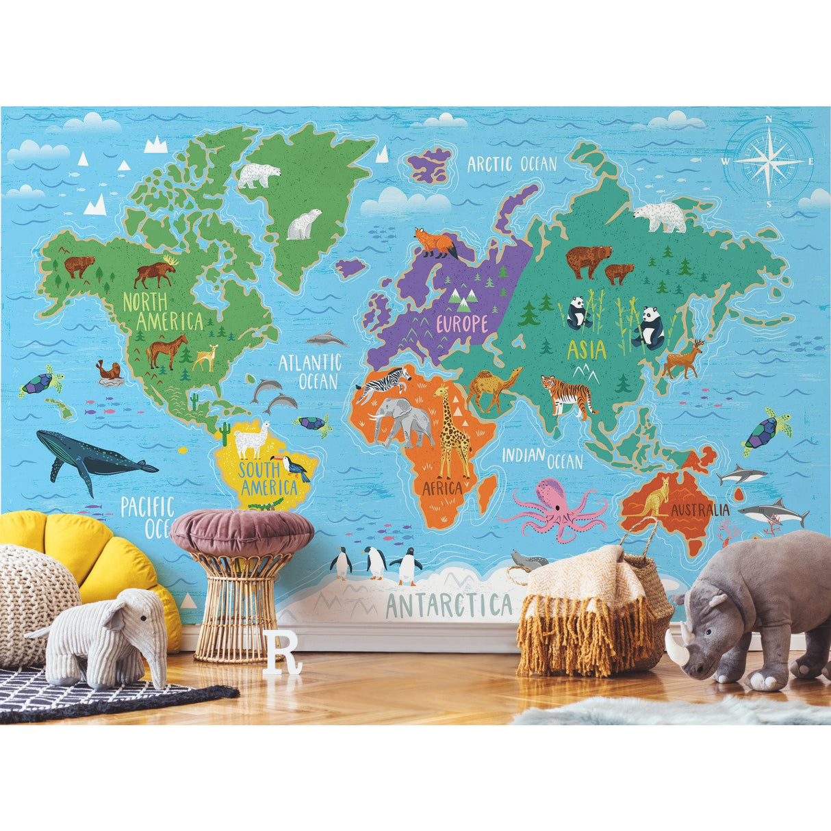 World Map Blue Peel & Stick Wall Mural with Illustrated Animals - York RMK11772M