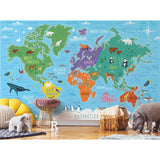 World Map Blue Peel & Stick Wall Mural with Illustrated Animals - York RMK11772M
