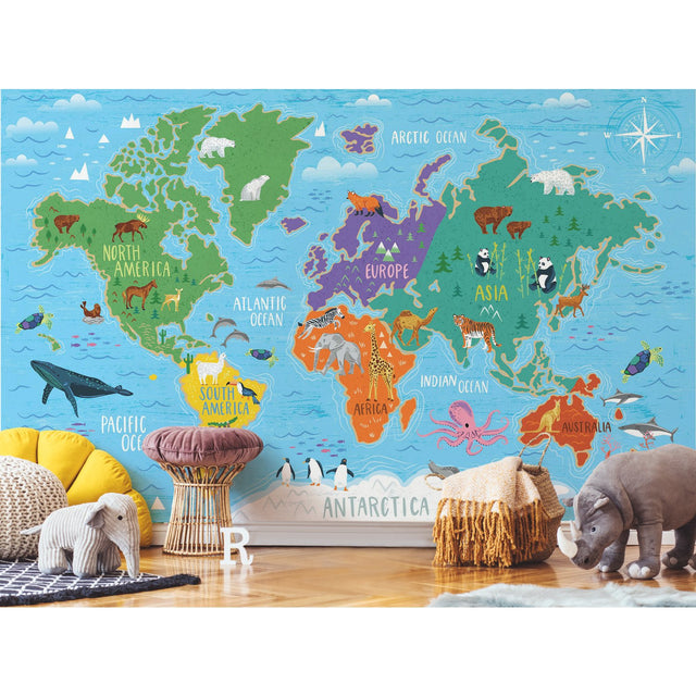 World Map Blue Peel & Stick Wall Mural with Illustrated Animals - York RMK11772M