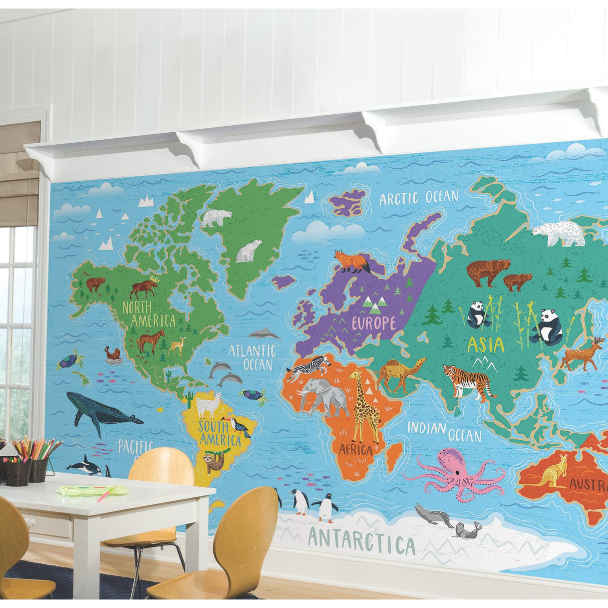 World Map Blue Peel & Stick Wall Mural with Illustrated Animals - York RMK11772M
