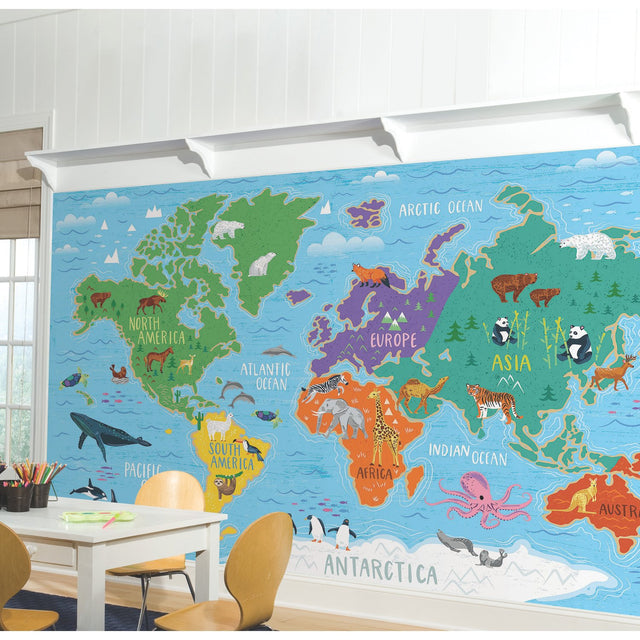 World Map Blue Peel & Stick Wall Mural with Illustrated Animals - York RMK11772M