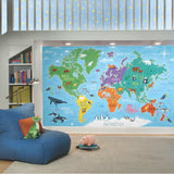 World Map Blue Peel & Stick Wall Mural with Illustrated Animals - York RMK11772M