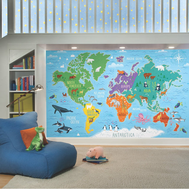 World Map Blue Peel & Stick Wall Mural with Illustrated Animals - York RMK11772M
