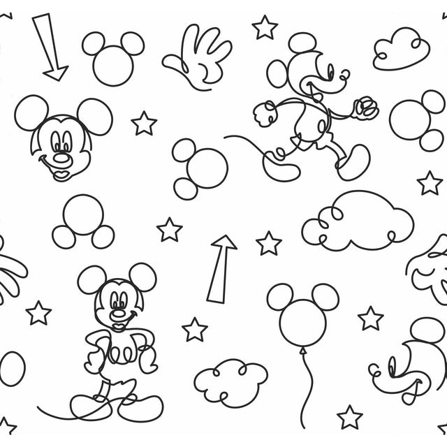 Disney Mickey Mouse Line Art Black Peel & Stick Wallpaper with Whimsical Licensed Novelty Pattern - York RMK11775RL