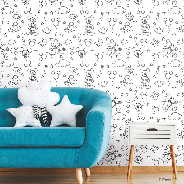 Disney Mickey Mouse Line Art Black Peel & Stick Wallpaper with Whimsical Licensed Novelty Pattern - York RMK11775RL