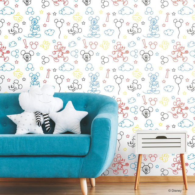 Disney Mickey Mouse Line Art Red Peel & Stick Wallpaper with Whimsical Novelty Pattern - York RMK11776RL