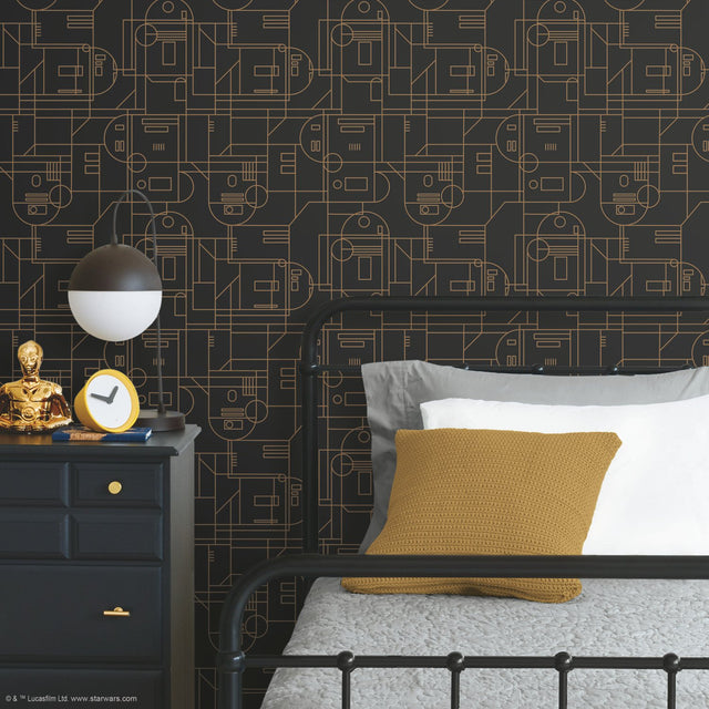 Star Wars R2D2 Geometric Yellow Peel & Stick Wallpaper with Whimsical Licensed Novelty Pattern - York RMK11784RL