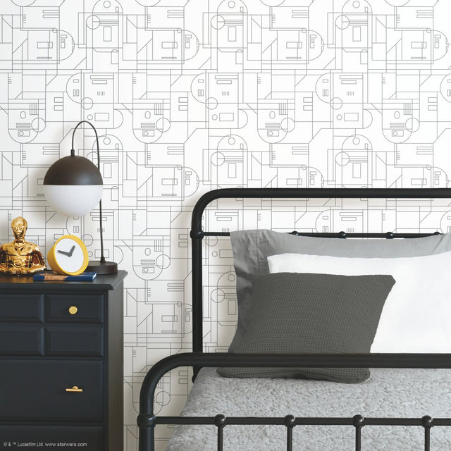 Star Wars R2D2 Geometric Grey Peel & Stick Wallpaper with Whimsical Licensed Novelty Pattern - RoomMates RMK11786RL