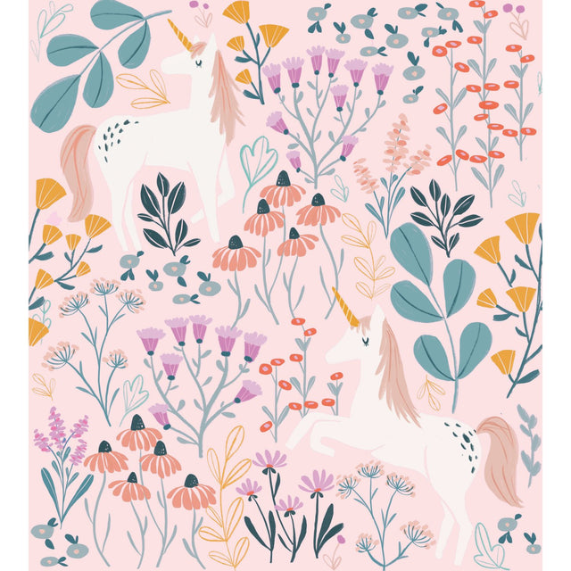 Unicorn Paradise Pink Peel & Stick Wallpaper with Whimsical Unicorn & Wildflower Motif - York RMK11793RL