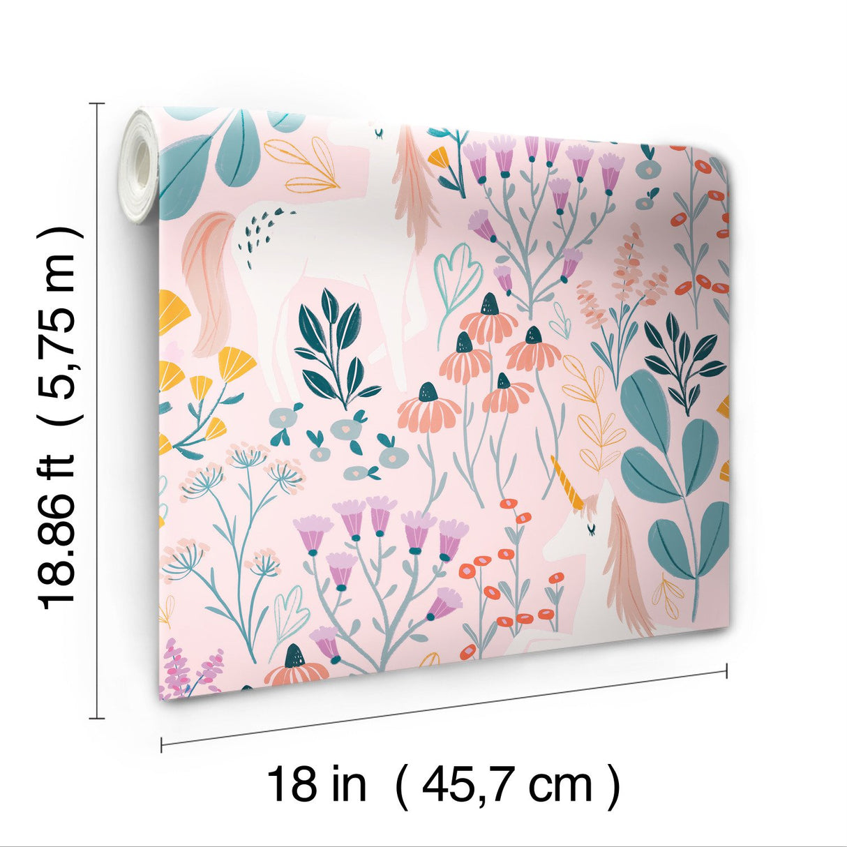 Unicorn Paradise Pink Peel & Stick Wallpaper with Whimsical Unicorn & Wildflower Motif - York RMK11793RL