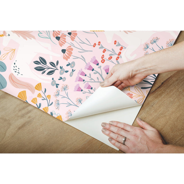 Unicorn Paradise Pink Peel & Stick Wallpaper with Whimsical Unicorn & Wildflower Motif - York RMK11793RL