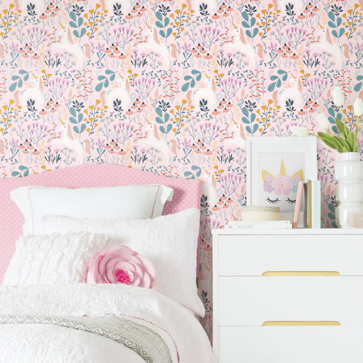 Unicorn Paradise Pink Peel & Stick Wallpaper with Whimsical Unicorn & Wildflower Motif - York RMK11793RL