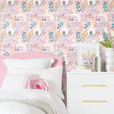 Unicorn Paradise Pink Peel & Stick Wallpaper with Whimsical Unicorn & Wildflower Motif - York RMK11793RL