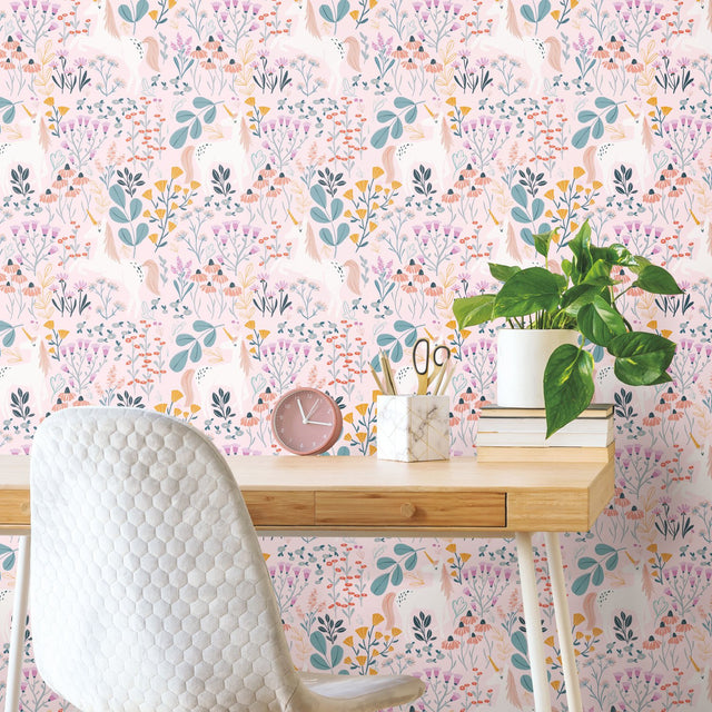Unicorn Paradise Pink Peel & Stick Wallpaper with Whimsical Unicorn & Wildflower Motif - York RMK11793RL