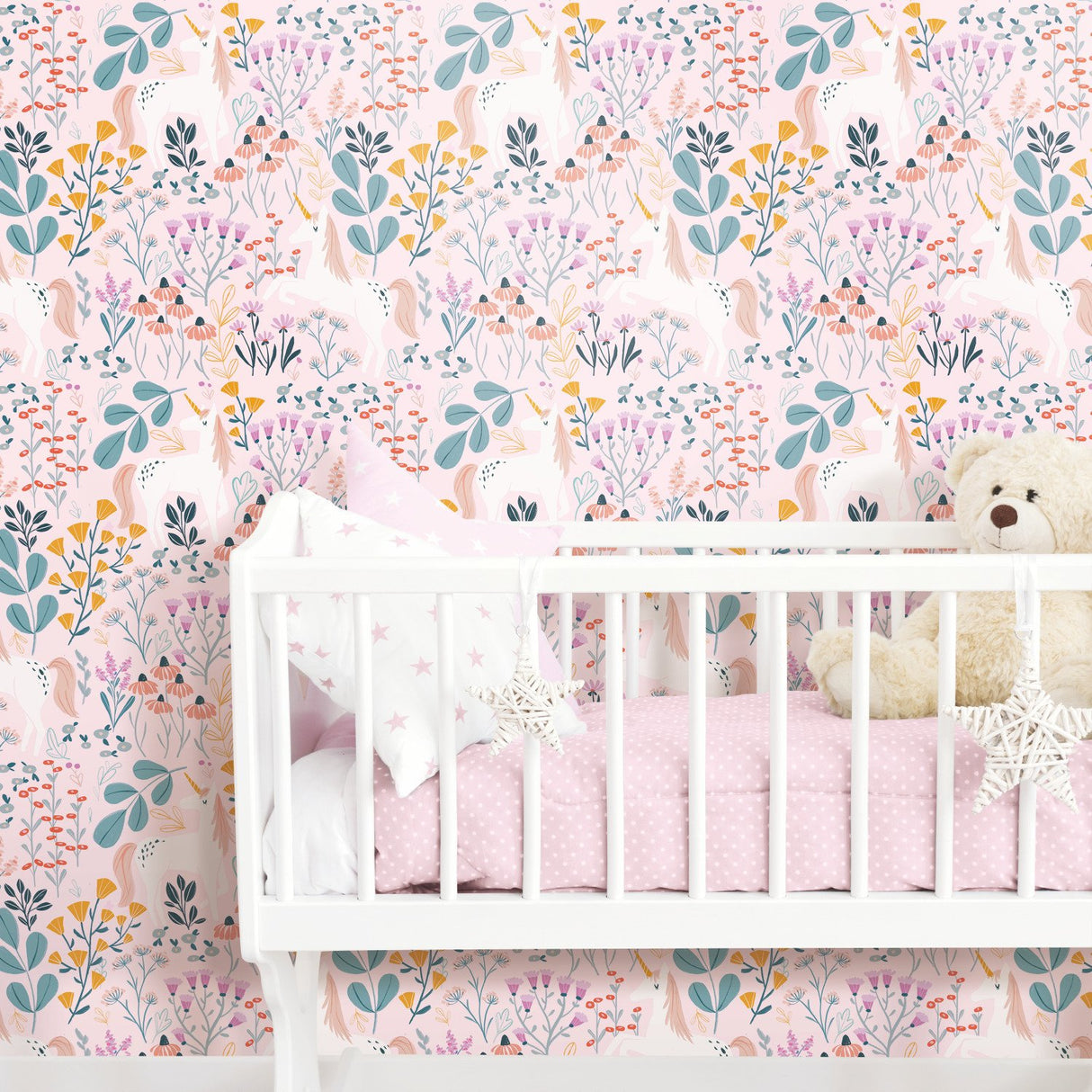 Unicorn Paradise Pink Peel & Stick Wallpaper with Whimsical Unicorn & Wildflower Motif - York RMK11793RL