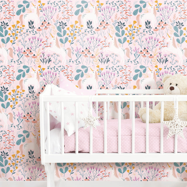 Unicorn Paradise Pink Peel & Stick Wallpaper with Whimsical Unicorn & Wildflower Motif - York RMK11793RL