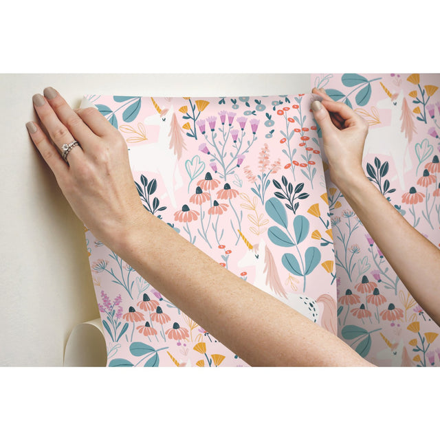 Unicorn Paradise Pink Peel & Stick Wallpaper with Whimsical Unicorn & Wildflower Motif - York RMK11793RL