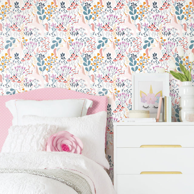 Unicorn Paradise Pink Peel & Stick Wallpaper with Novelty Kids Fairy Tales & Fantasy Pattern - York RMK11794RL