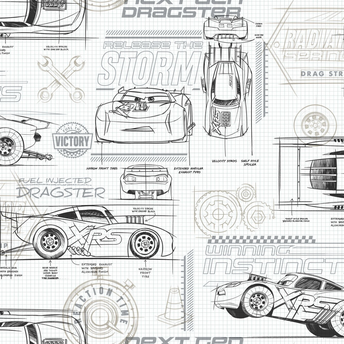 Cars Pixar Pattern Disney & Pixar Cars Schematic Grey Peel & Stick Wallpaper with Novelty ...