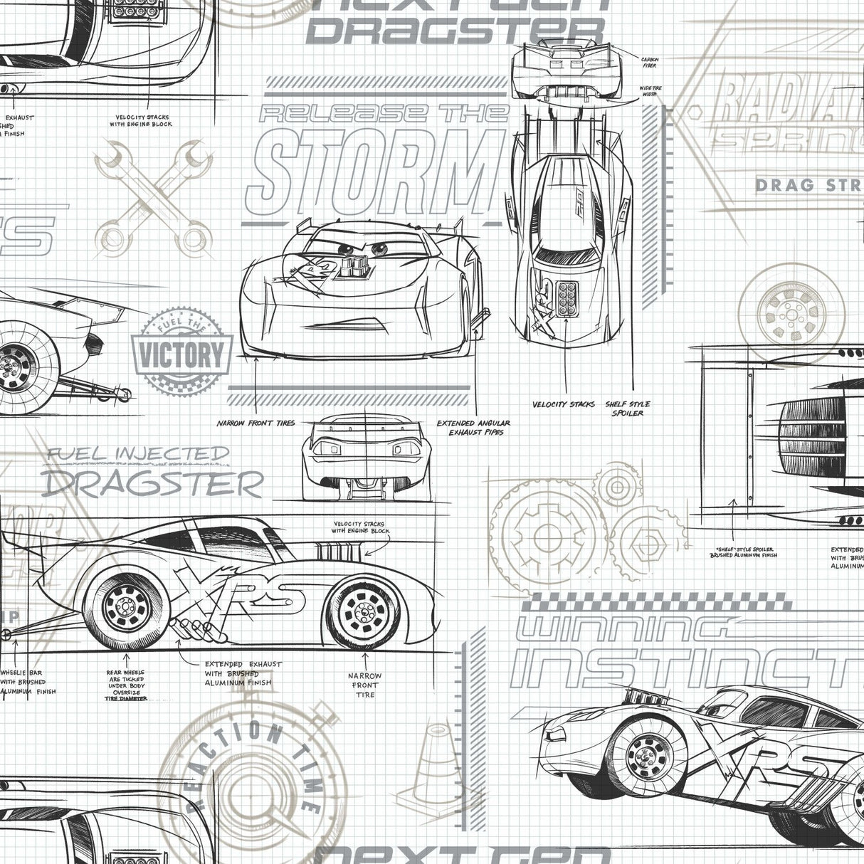 Disney & Pixar Cars Schematic Grey Peel & Stick Wallpaper with Novelty Whimsical Pattern - York RMK11804WP