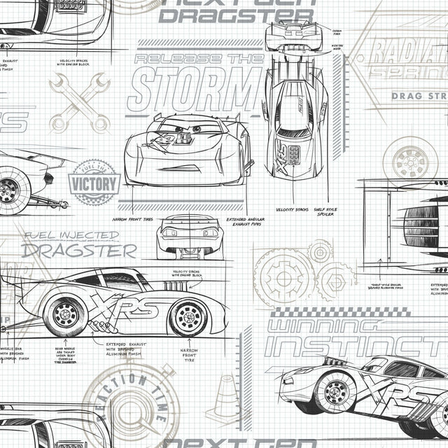 Disney & Pixar Cars Schematic Grey Peel & Stick Wallpaper with Novelty Whimsical Pattern - York RMK11804WP
