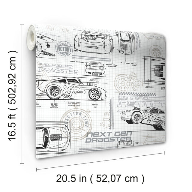 Disney & Pixar Cars Schematic Grey Peel & Stick Wallpaper with Novelty Whimsical Pattern - York RMK11804WP