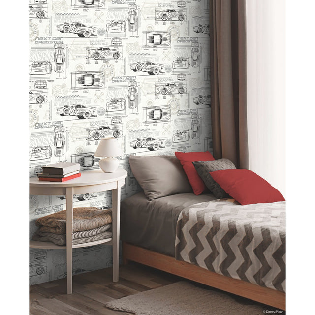 Disney & Pixar Cars Schematic Grey Peel & Stick Wallpaper with Novelty Whimsical Pattern - York RMK11804WP
