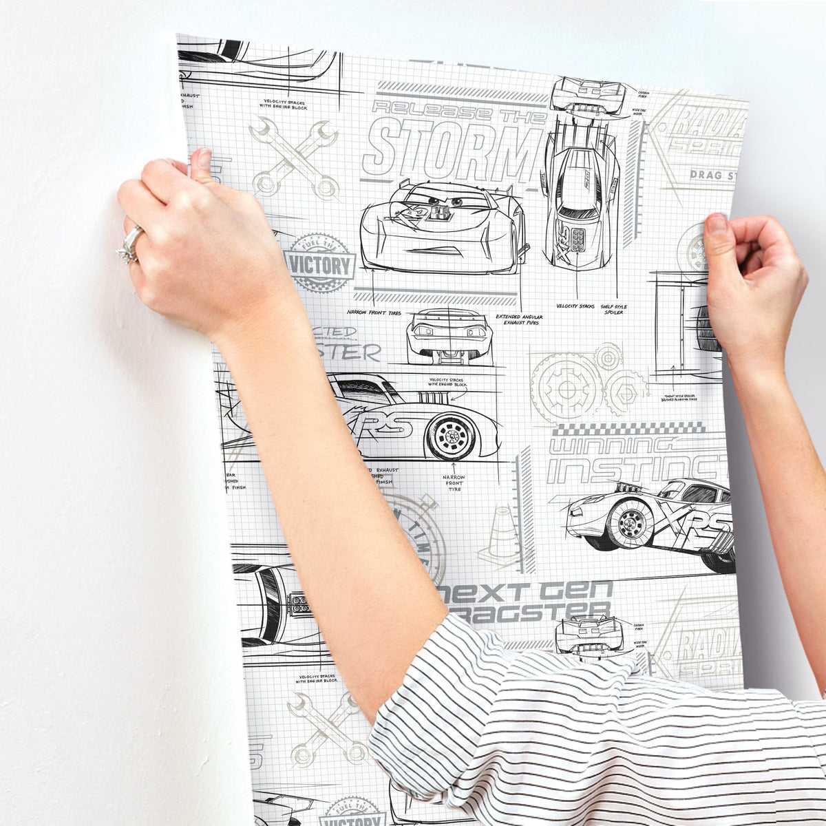 Cars Pixar Pattern Disney & Pixar Cars Schematic Grey Peel & Stick Wallpaper with Novelty ...