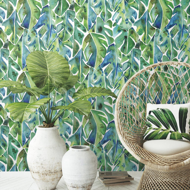 Cat Coquillette Philodendron Green Peel & Stick Wallpaper with Botanical Leaf Pattern, Tropical Style - York RMK11813WP