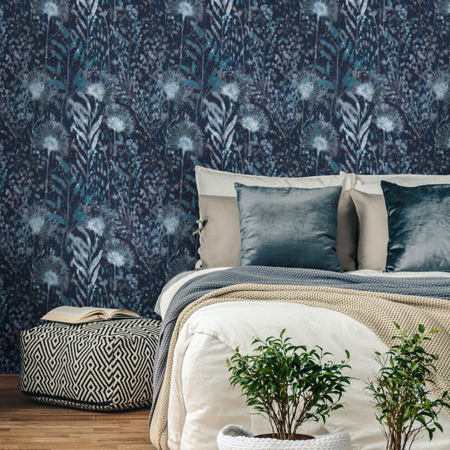 Dandelion Blue Peel & Stick Wallpaper with Modern Botanical Floral Pattern - York RMK11825WP
