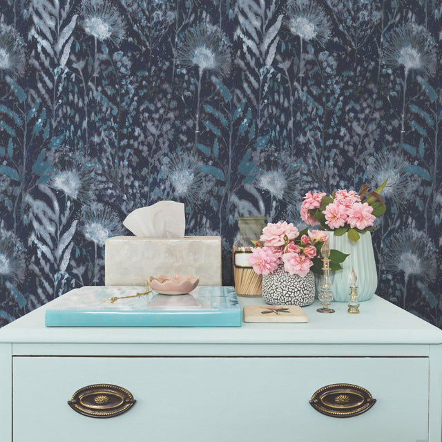 Dandelion Blue Peel & Stick Wallpaper with Modern Botanical Floral Pattern - York RMK11825WP