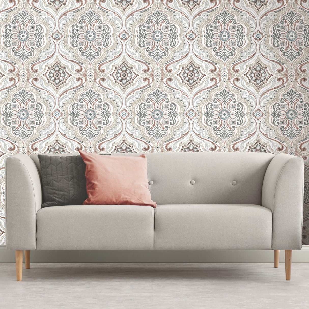Bohemian Damask Beige Peel & Stick Wallpaper with Bohemian Global Damask Pattern - York RMK11830WP