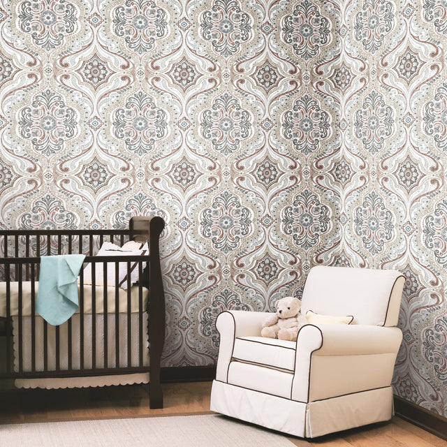 Bohemian Damask Beige Peel & Stick Wallpaper with Bohemian Global Damask Pattern - York RMK11830WP