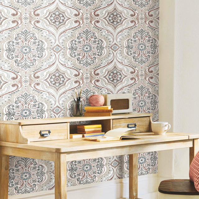 Bohemian Damask Beige Peel & Stick Wallpaper with Bohemian Global Damask Pattern - York RMK11830WP