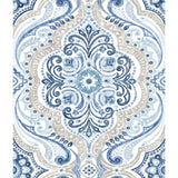 Bohemian Damask Blue Peel & Stick Wallpaper with Global Bohemian Pattern - York RMK11832WP