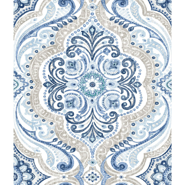 Bohemian Damask Blue Peel & Stick Wallpaper with Global Bohemian Pattern - York RMK11832WP