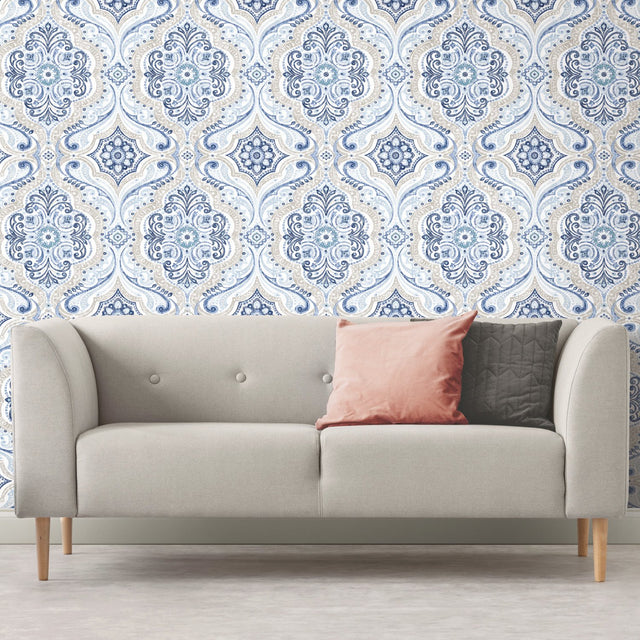 Bohemian Damask Blue Peel & Stick Wallpaper with Global Bohemian Pattern - York RMK11832WP