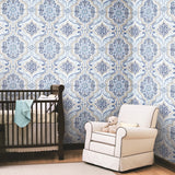 Bohemian Damask Blue Peel & Stick Wallpaper with Global Bohemian Pattern - York RMK11832WP