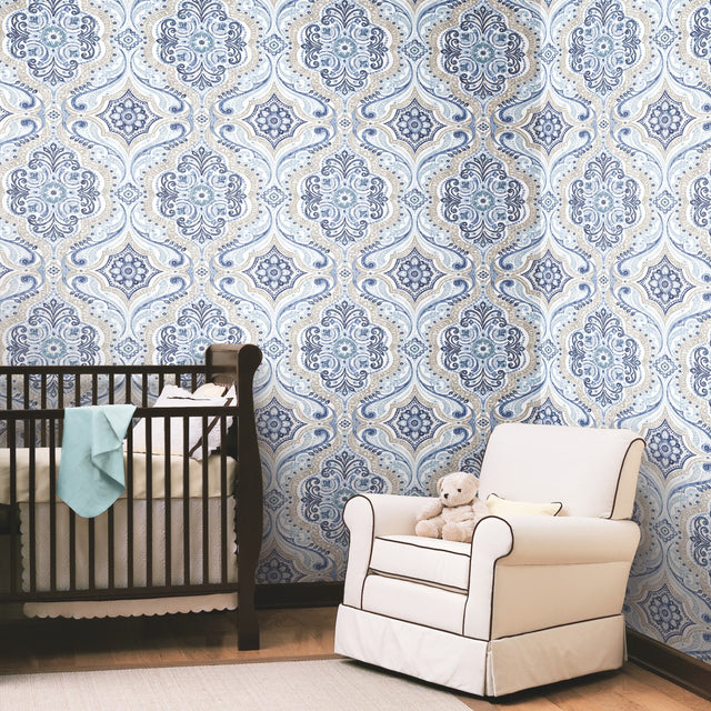 Bohemian Damask Blue Peel & Stick Wallpaper with Global Bohemian Pattern - York RMK11832WP