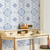 Bohemian Damask Blue Peel & Stick Wallpaper with Global Bohemian Pattern - York RMK11832WP