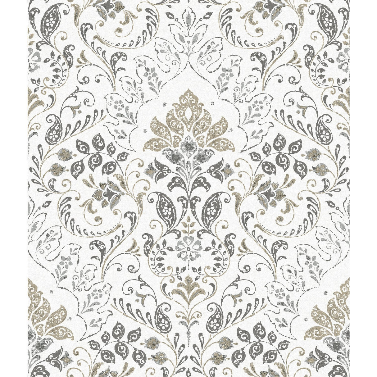 Persian Damask Grey Peel & Stick Wallpaper with Traditional Global Damask Pattern - York RMK11834WP