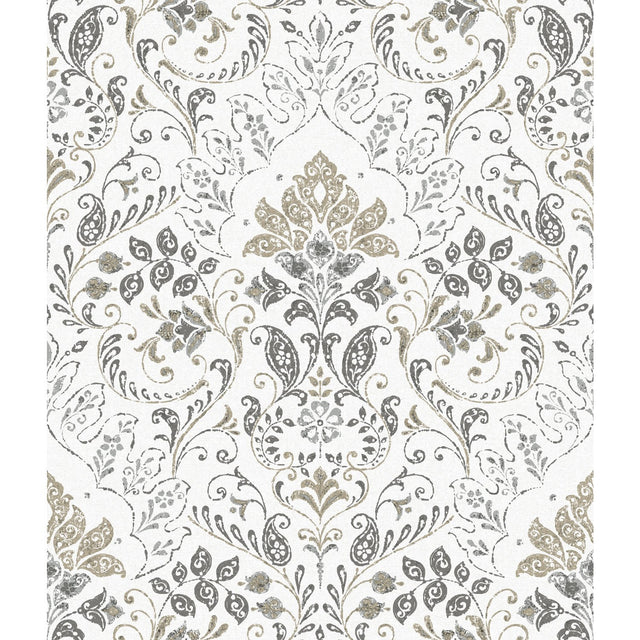 Persian Damask Grey Peel & Stick Wallpaper with Traditional Global Damask Pattern - York RMK11834WP