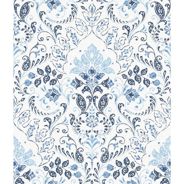 Persian Damask Blue Peel & Stick Wallpaper with Global Traditional Damask Pattern - York RMK11835WP