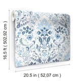 Persian Damask Blue Peel & Stick Wallpaper with Global Traditional Damask Pattern - York RMK11835WP