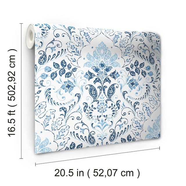 Persian Damask Blue Peel & Stick Wallpaper with Global Traditional Damask Pattern - York RMK11835WP