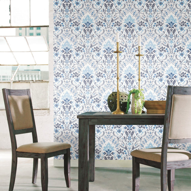 Persian Damask Blue Peel & Stick Wallpaper with Global Traditional Damask Pattern - York RMK11835WP