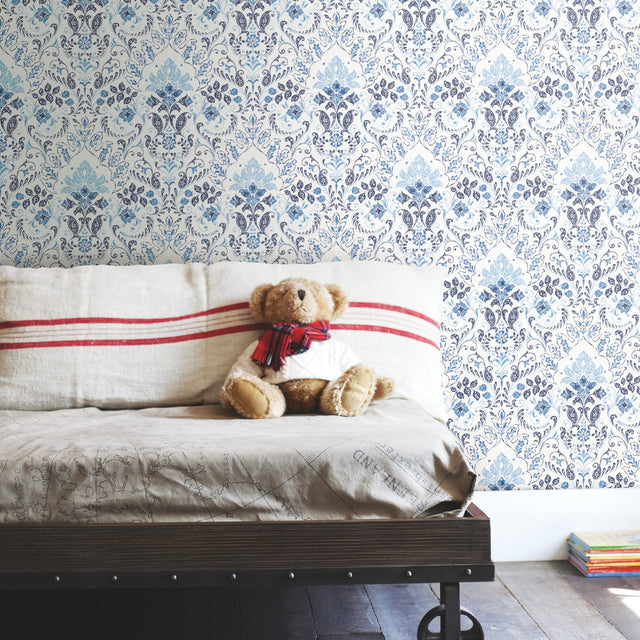 Persian Damask Blue Peel & Stick Wallpaper with Global Traditional Damask Pattern - York RMK11835WP