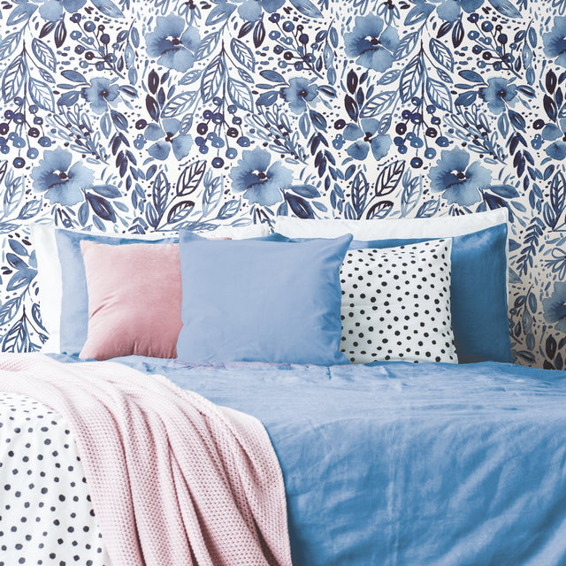 Clara Jean April Showers Blue Peel & Stick Wallpaper with Whimsical Nature Floral Pattern - York RMK11838WP